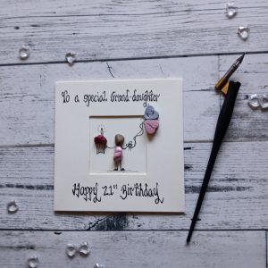 21st birthday card for Grand daughter, handmade personalised pebble art card, To a special granddaughter, happy 21st birthday. Created on cream card.