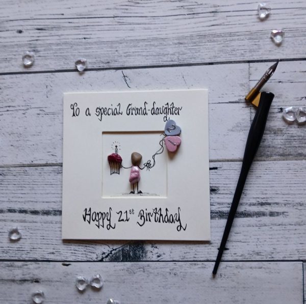 21st birthday card for Grand daughter, handmade personalised pebble art card, To a special granddaughter, happy 21st birthday. Created on cream card.